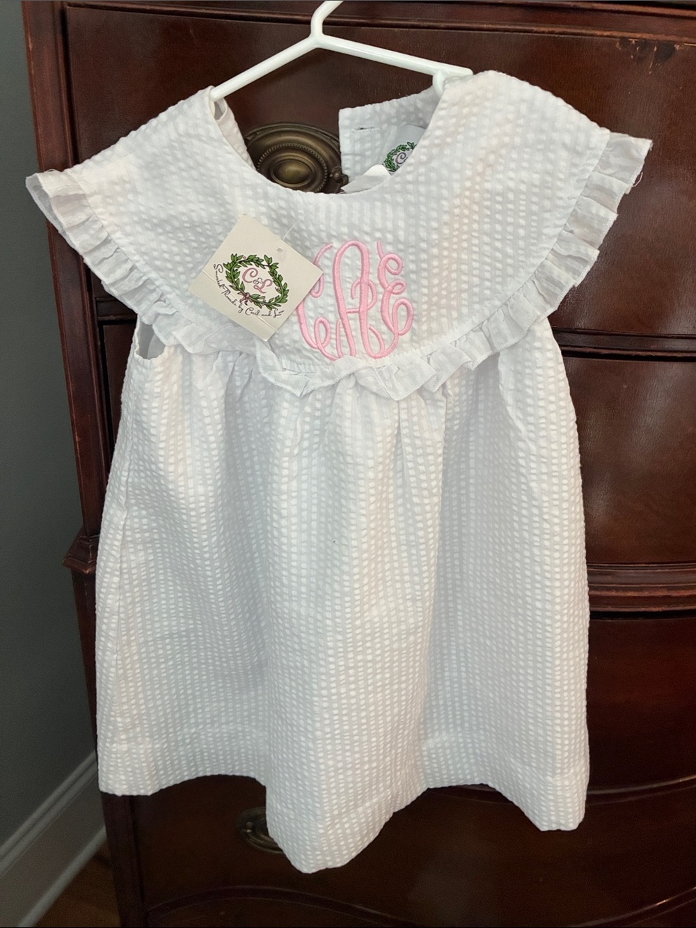 NEW WITH TAGS Cecil and Lou White Seersucker Girls Dress with Pink Monogram